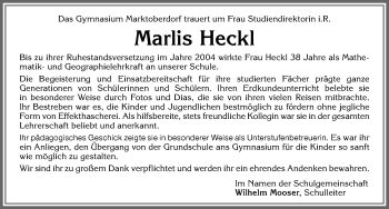 Traueranzeige von Marlis Heckl von Allgäuer Zeitung, Marktoberdorf