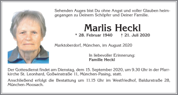 Traueranzeige von Marlis Heckl von Allgäuer Zeitung, Marktoberdorf