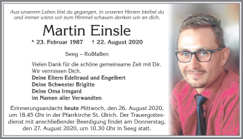 Traueranzeige von Martin Einsle von Allgäuer Zeitung, Füssen