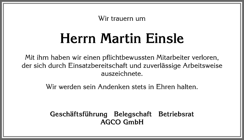  Traueranzeige für Martin Einsle vom 27.08.2020 aus Allgäuer Zeitung, Marktoberdorf