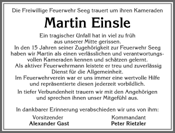 Traueranzeige von Martin Einsle von Allgäuer Zeitung, Füssen