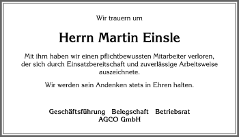 Traueranzeige von Martin Einsle von Allgäuer Zeitung, Marktoberdorf