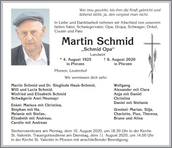 Traueranzeige von Martin Schmid von Allgäuer Zeitung, Kaufbeuren/Buchloe