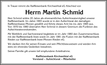 Traueranzeige von Martin Schmid von Allgäuer Zeitung, Kaufbeuren/Buchloe