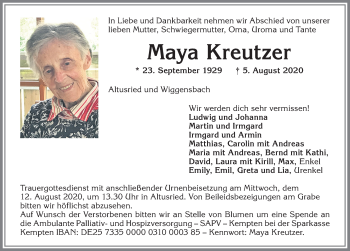 Traueranzeige von Maya Kreutzer von Allgäuer Zeitung,Kempten