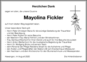 Traueranzeige von Mayolina Fickler von Memminger Zeitung
