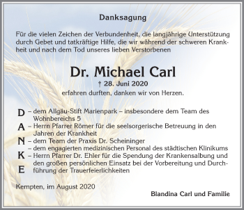 Traueranzeige von Michael Carl von Allgäuer Zeitung,Kempten