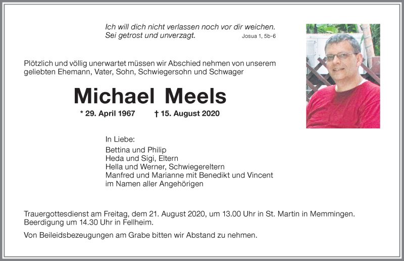  Traueranzeige für Michael Meels vom 19.08.2020 aus Memminger Zeitung