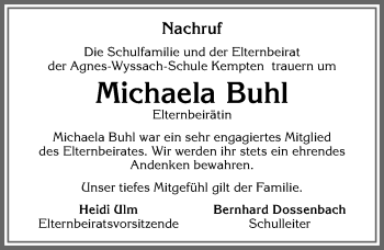 Traueranzeige von Michaela Buhl von Allgäuer Zeitung,Kempten