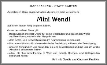 Traueranzeige von Mini Wendl von Allgäuer Anzeigeblatt