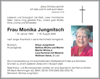 Traueranzeige von Monika Jungnitsch von Memminger Zeitung