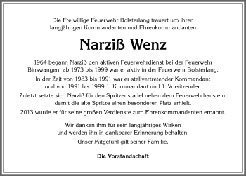 Traueranzeige von Narziß Wenz von Allgäuer Anzeigeblatt