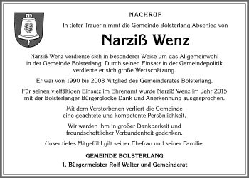 Traueranzeige von Narziß Wenz von Allgäuer Anzeigeblatt