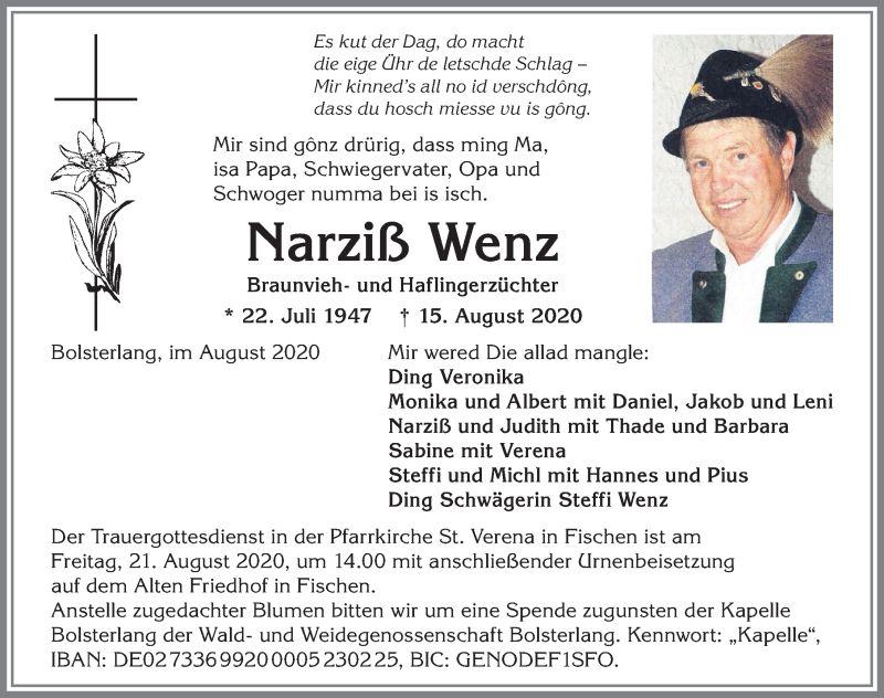  Traueranzeige für Narziß Wenz vom 18.08.2020 aus Allgäuer Anzeigeblatt