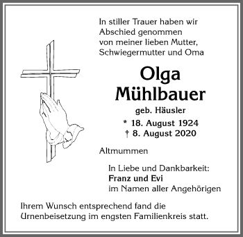Traueranzeige von Olga Mühlbauer von Allgäuer Anzeigeblatt