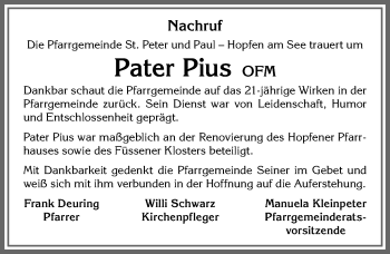 Traueranzeige von Pater Pius von Allgäuer Zeitung, Füssen