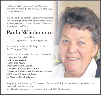 Traueranzeige von Paula Wiedemann von Der Westallgäuer