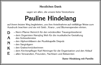 Traueranzeige von Pauline Hindelang von Allgäuer Anzeigeblatt