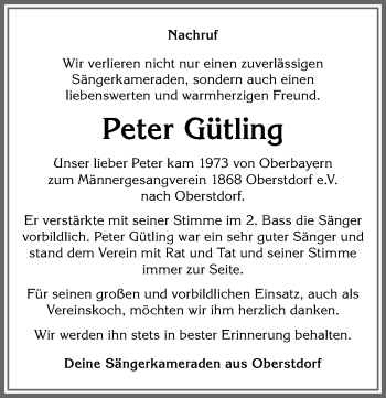 Traueranzeige von Peter Gütling von Allgäuer Anzeigeblatt