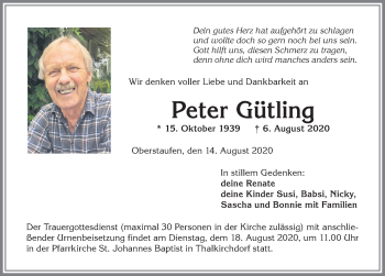 Traueranzeige von Peter Gütling von Allgäuer Anzeigeblatt