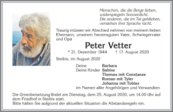 Traueranzeige von Peter Vetter von Allgäuer Anzeigeblatt