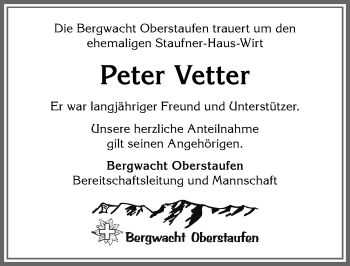 Traueranzeige von Peter Vetter von Allgäuer Anzeigeblatt