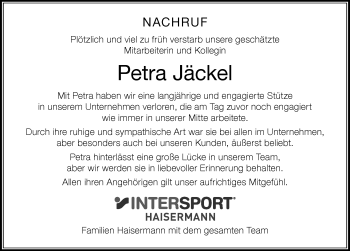 Traueranzeige von Petra Jäckel von Der Westallgäuer