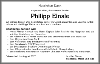 Traueranzeige von Philipp Einsle von Allgäuer Zeitung, Kaufbeuren/Buchloe