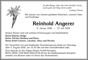 Traueranzeige von Reinhold Angerer von Allgäuer Zeitung,Kempten