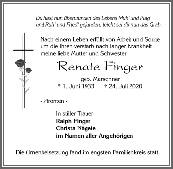Traueranzeige von Renate Finger von Allgäuer Zeitung, Füssen