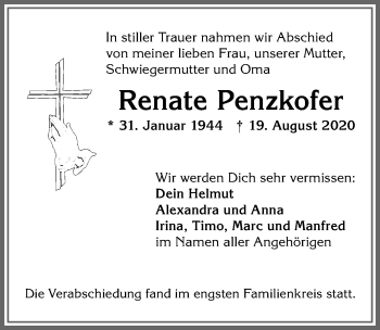 Traueranzeige von Renate Penzkofer von Allgäuer Anzeigeblatt