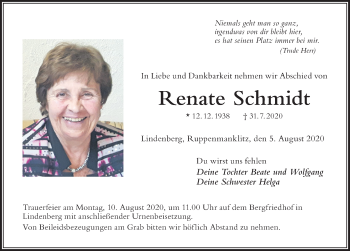Traueranzeige von Renate Schmidt von Der Westallgäuer