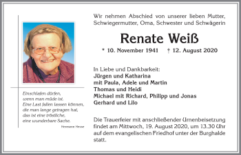 Traueranzeige von Renate Weiß von Allgäuer Zeitung,Kempten