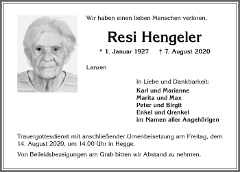 Traueranzeige von Resi Hengeler von Allgäuer Zeitung,Kempten