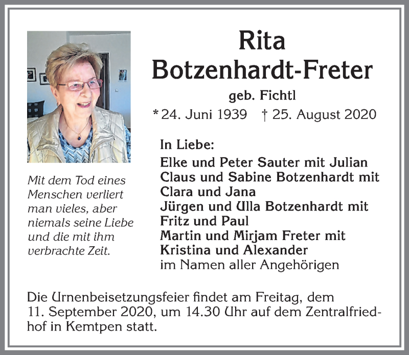  Traueranzeige für Rita Botzenhardt-Freter vom 29.08.2020 aus Allgäuer Zeitung,Kempten