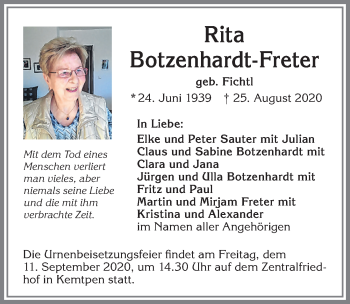 Traueranzeige von Rita Botzenhardt-Freter von Allgäuer Zeitung,Kempten