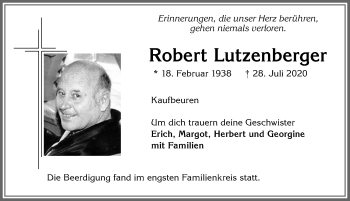 Traueranzeige von Robert Lutzenberger von Allgäuer Zeitung, Kaufbeuren/Buchloe