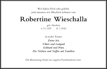 Traueranzeige von Robertine Wieschalla von Der Westallgäuer