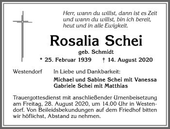 Traueranzeige von Rosalia Schei von Allgäuer Zeitung, Kaufbeuren/Buchloe