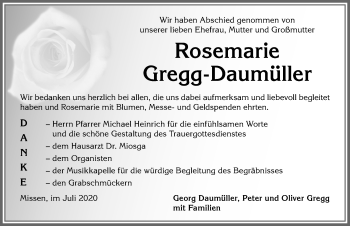 Traueranzeige von Rosemarie Gregg-Daumüller von Allgäuer Anzeigeblatt