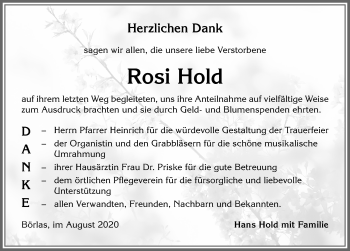 Traueranzeige von Rosi Hold von Allgäuer Anzeigeblatt