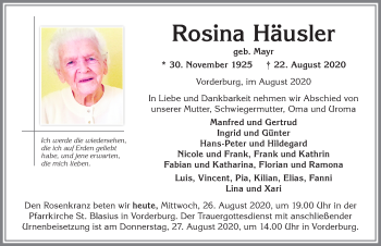 Traueranzeige von Rosina Häusler von Allgäuer Anzeigeblatt