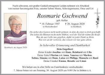 Traueranzeige von Rosmarie Gschwend von Allgäuer Zeitung, Marktoberdorf