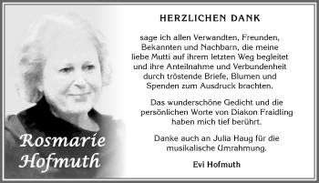 Traueranzeige von Rosmarie Hofmuth von Allgäuer Zeitung, Kaufbeuren/Buchloe