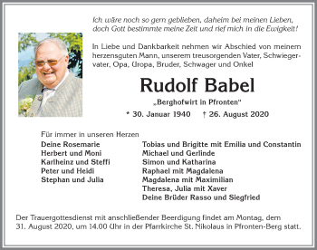 Traueranzeige von Rudolf Babel von Allgäuer Zeitung, Gesamtausgabe