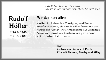 Traueranzeige von Rudolf Höfler von Allgäuer Zeitung, Marktoberdorf