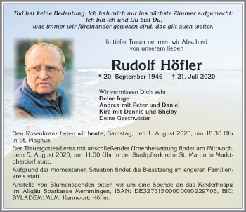 Traueranzeige von Rudolf Höfler von Allgäuer Zeitung, Marktoberdorf