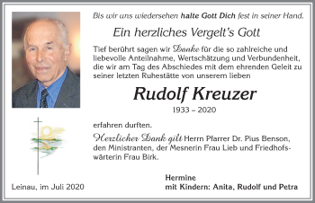Traueranzeige von Rudolf Kreuzer von Allgäuer Zeitung, Kaufbeuren/Buchloe