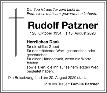 Traueranzeige von Rudolf Patzner von Memminger Zeitung