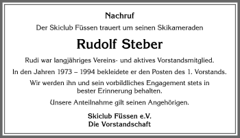 Traueranzeige von Rudolf Steber von Allgäuer Zeitung, Füssen